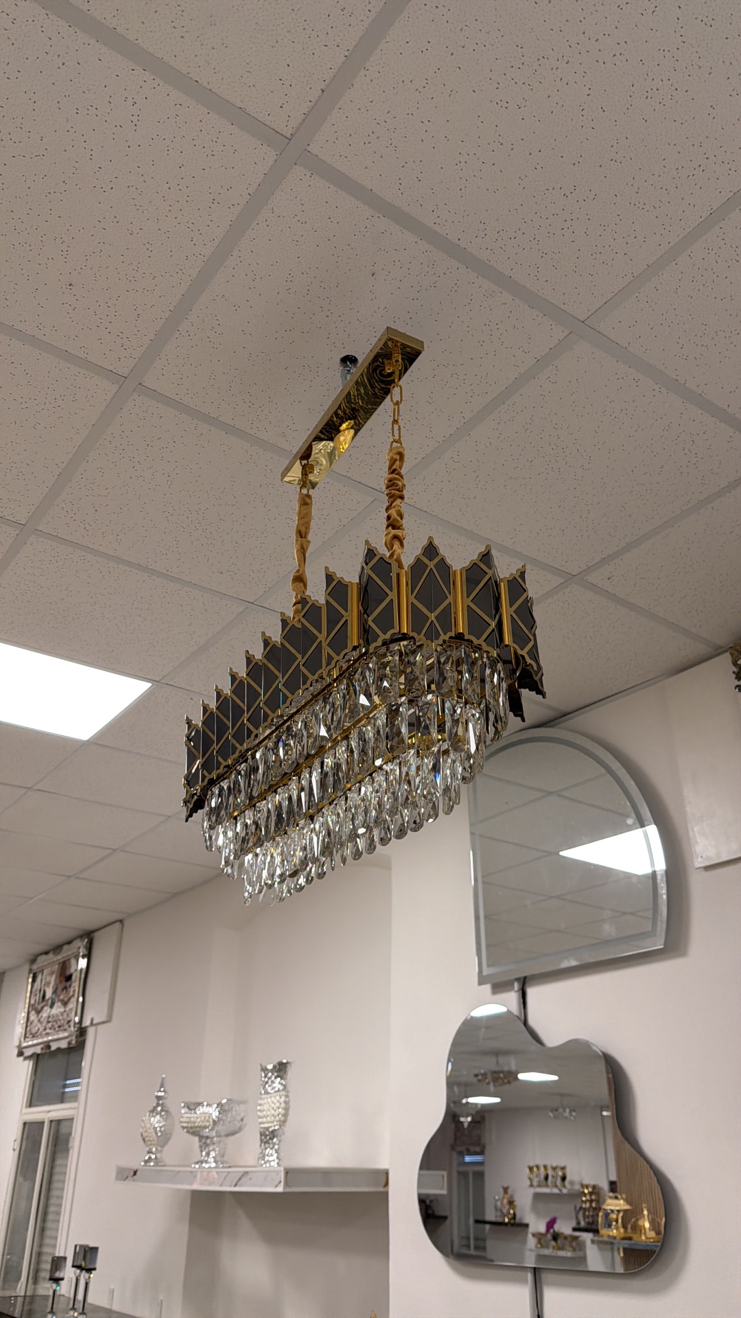 Lampadario Rettangolare · oro e cristalli