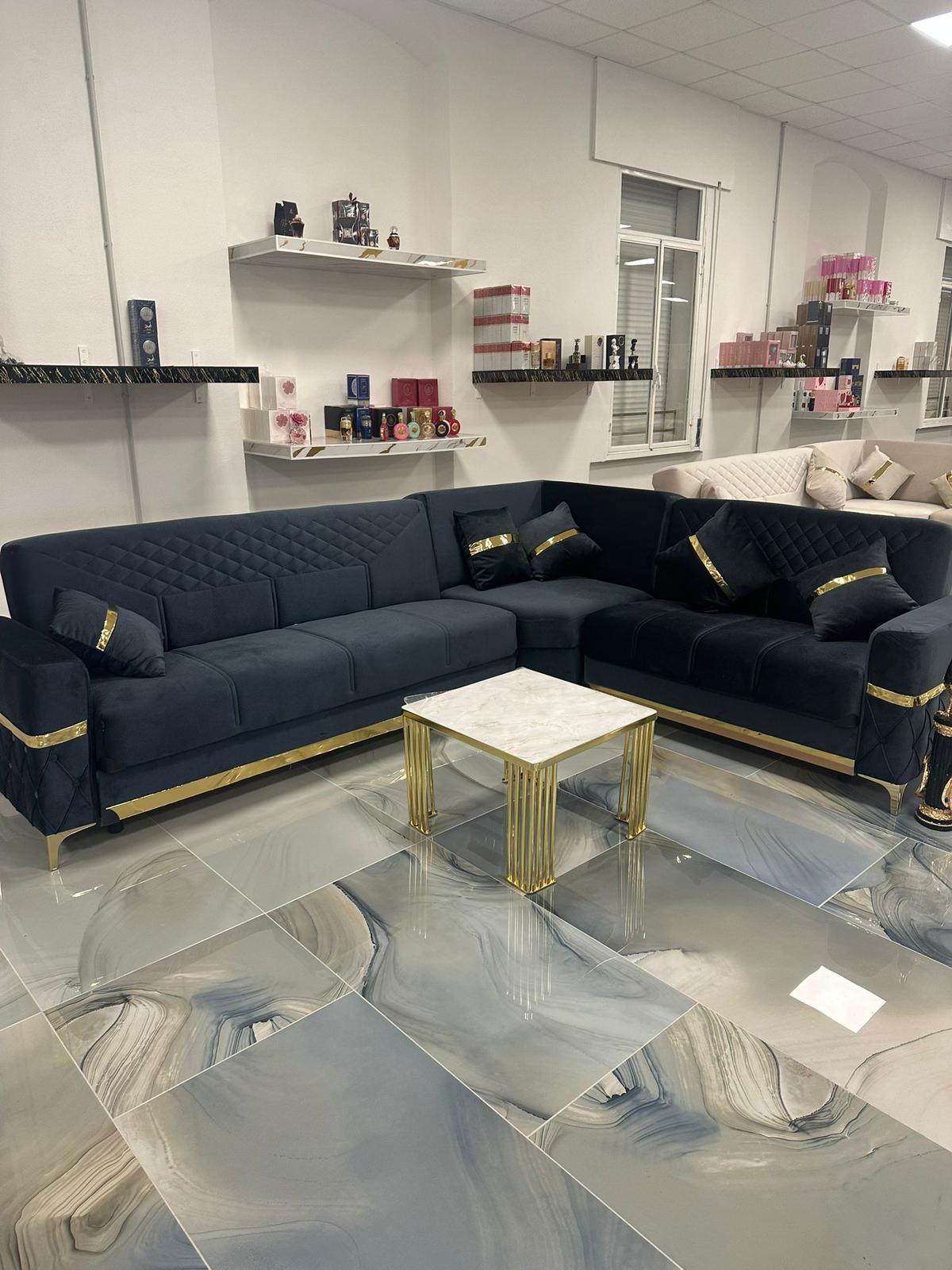 Salotto Angolare Blu Notte · profili oro
